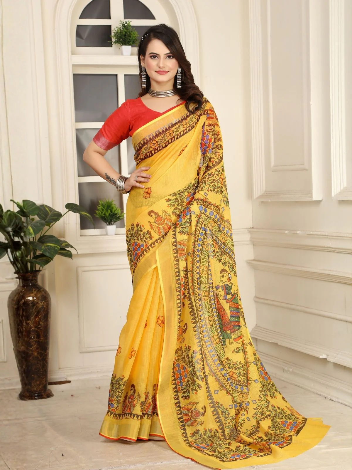 Odette Yellow Cotton Linen Solid Printed Saree For Women