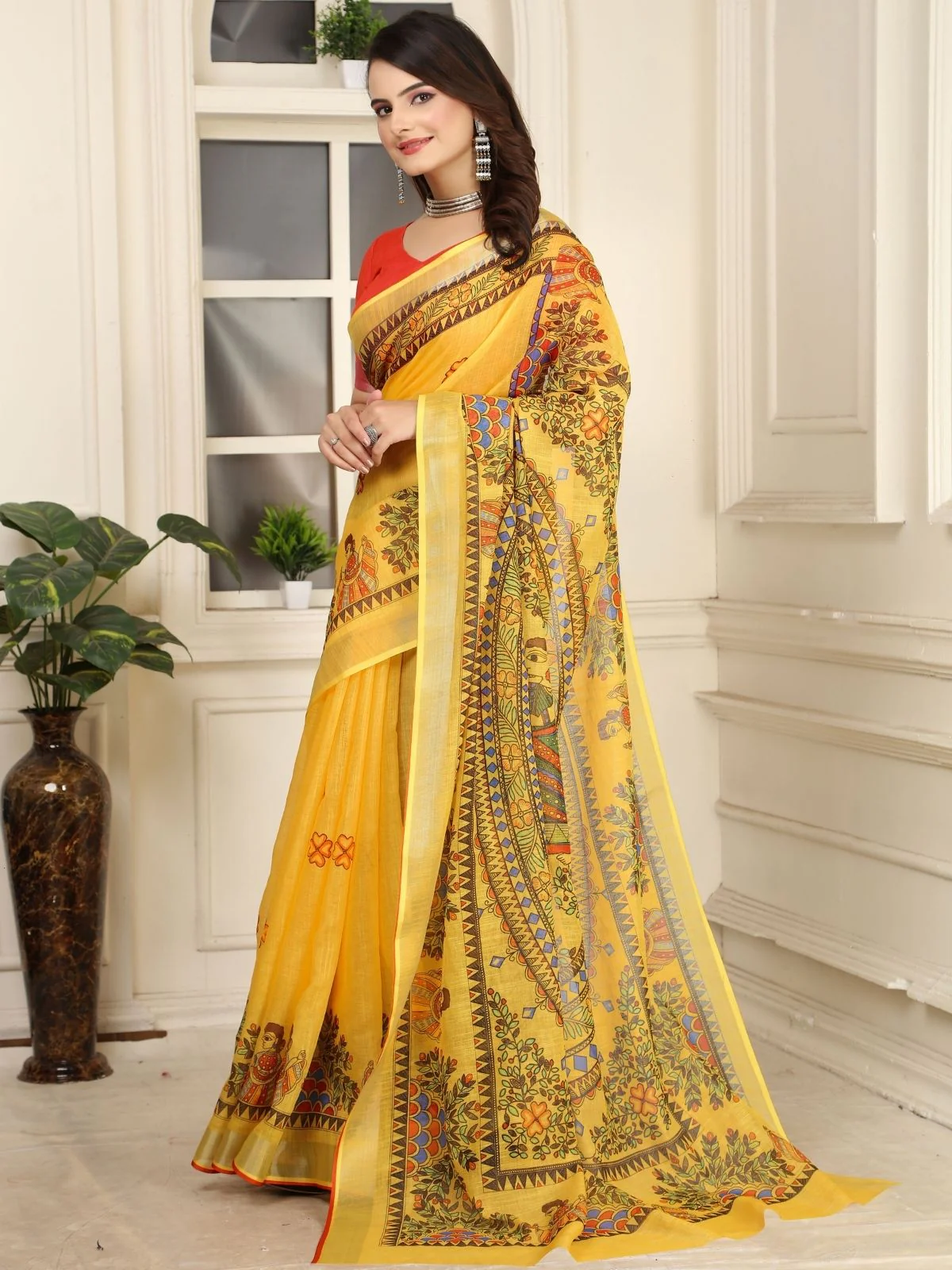 Odette Yellow Cotton Linen Solid Printed Saree For Women - Image 2