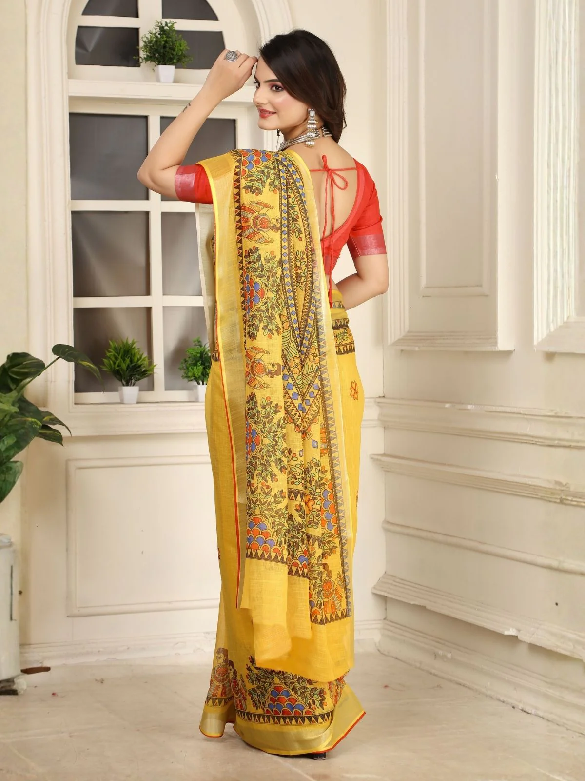 Odette Yellow Cotton Linen Solid Printed Saree For Women - Image 3