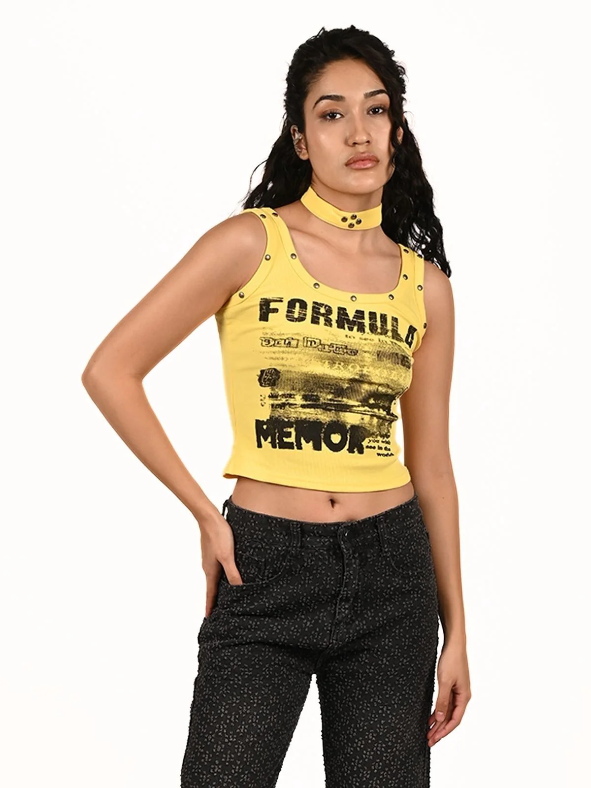 Odette Yellow Cotton Rib Printed Top For Women