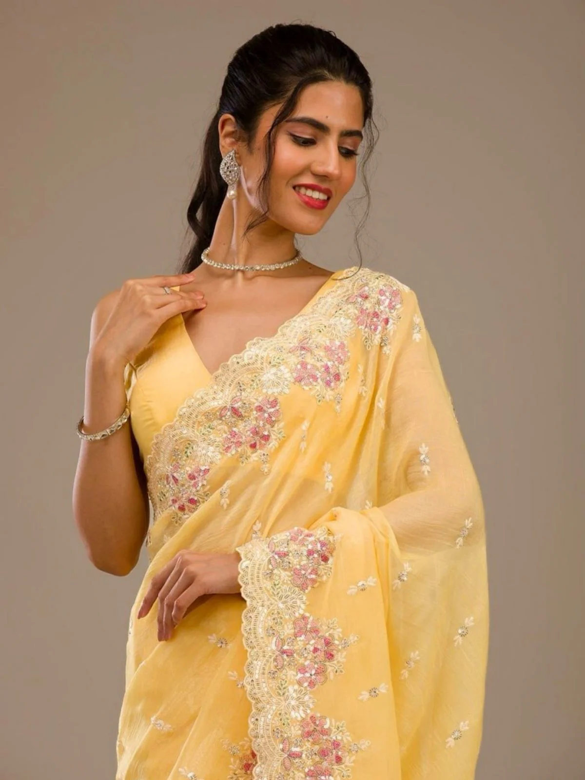 Odette Yellow Crush Embroidered Saree For Women - Image 3