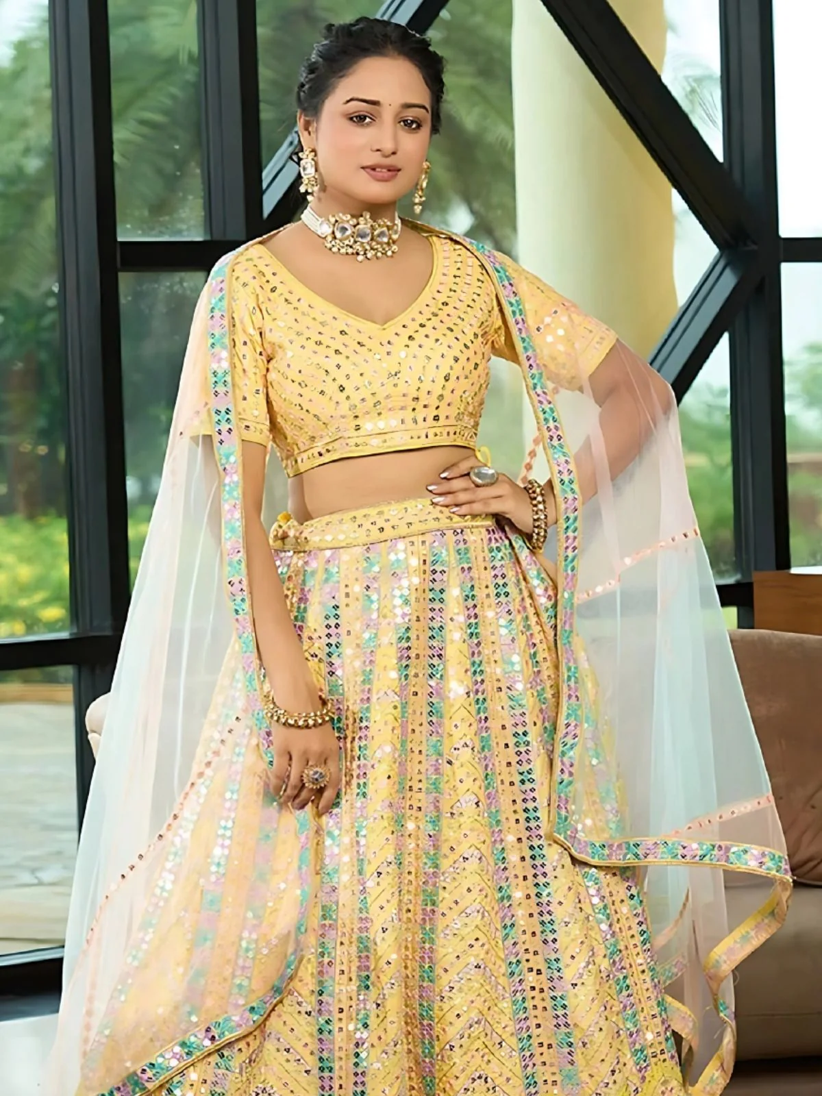 Odette Yellow Dola Silk Embellished Semi-Stitched Lehenga For Women - Image 3