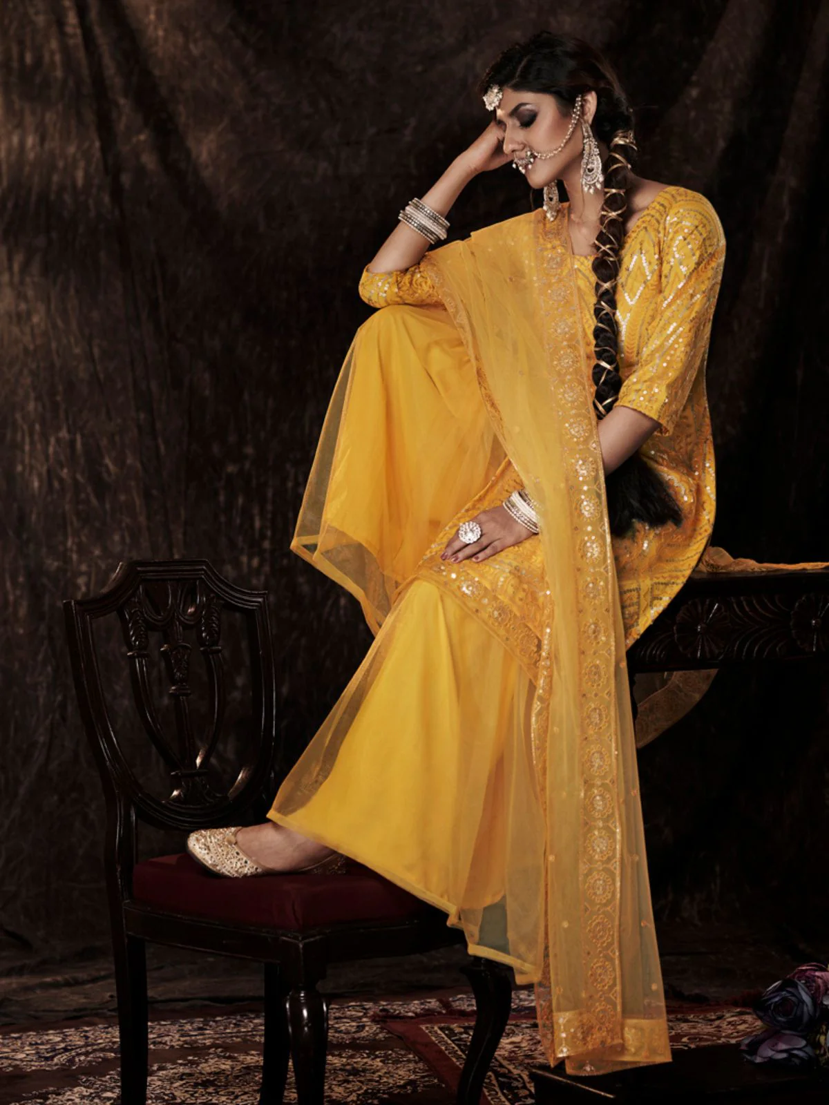 Odette Yellow Embellished Soft Net Semi Stitched Kurta Set With Dupatta For Women - Image 2