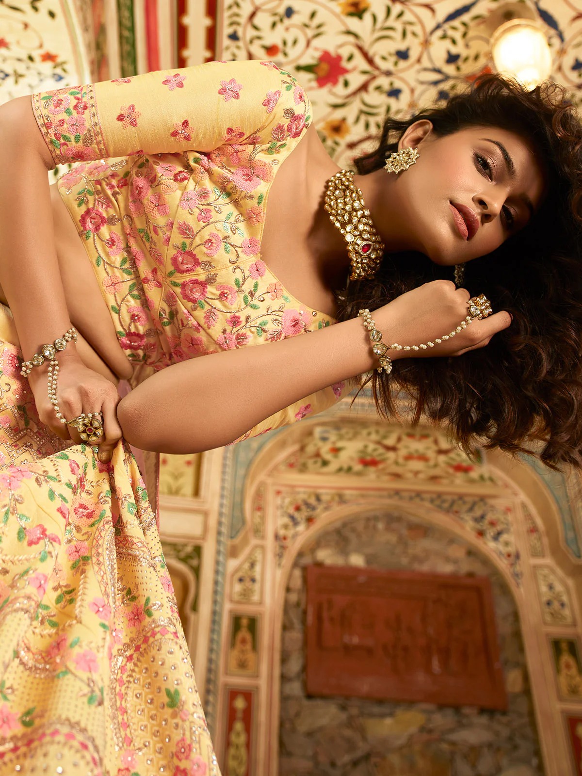 Odette Yellow Embroidered Art Silk Semi Stitched Lehenga With Blouse For Women - Image 4