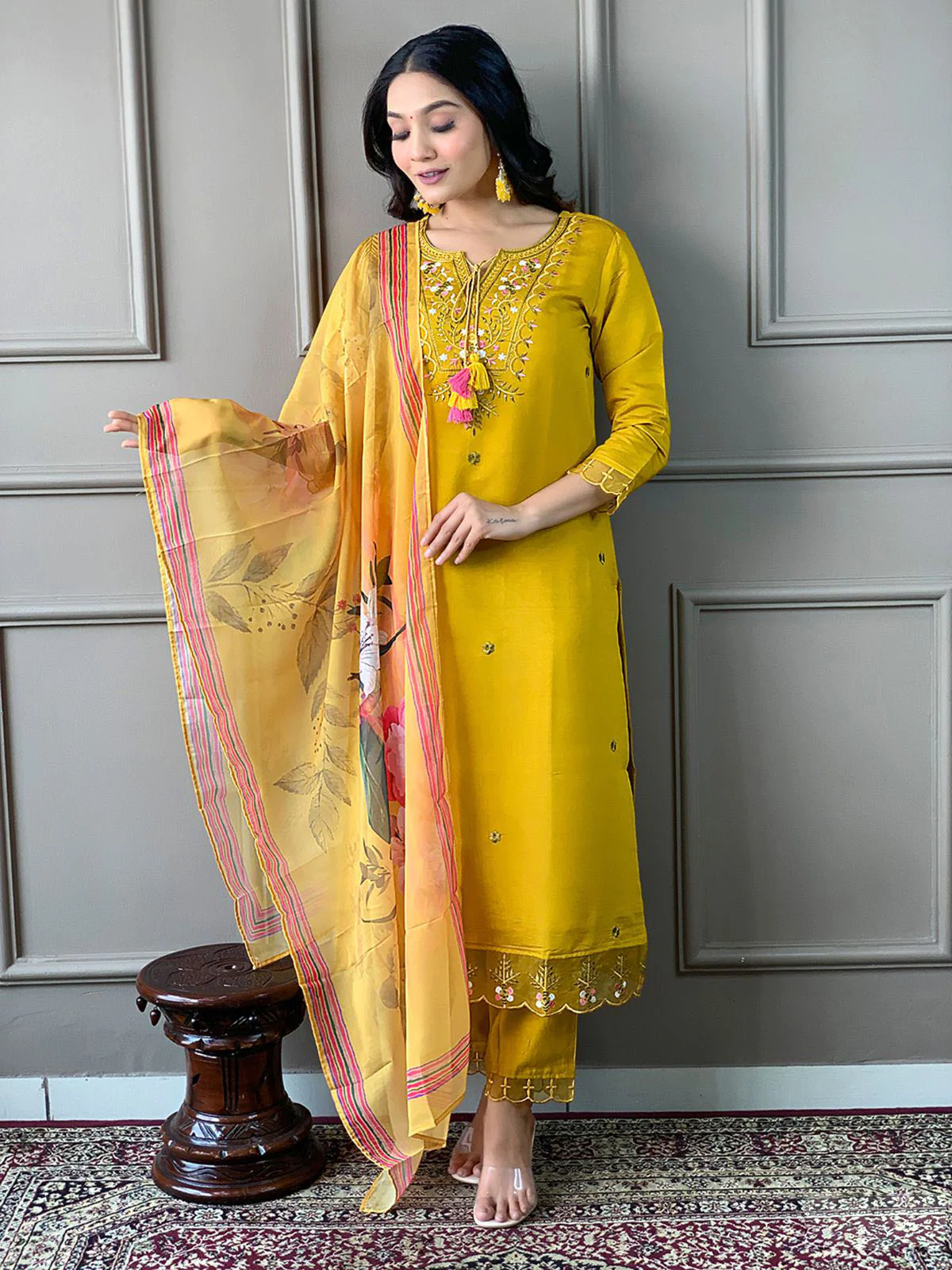 Odette Yellow Embroidered Chanderi Silk Stitched Kurta Salwar Set For Women