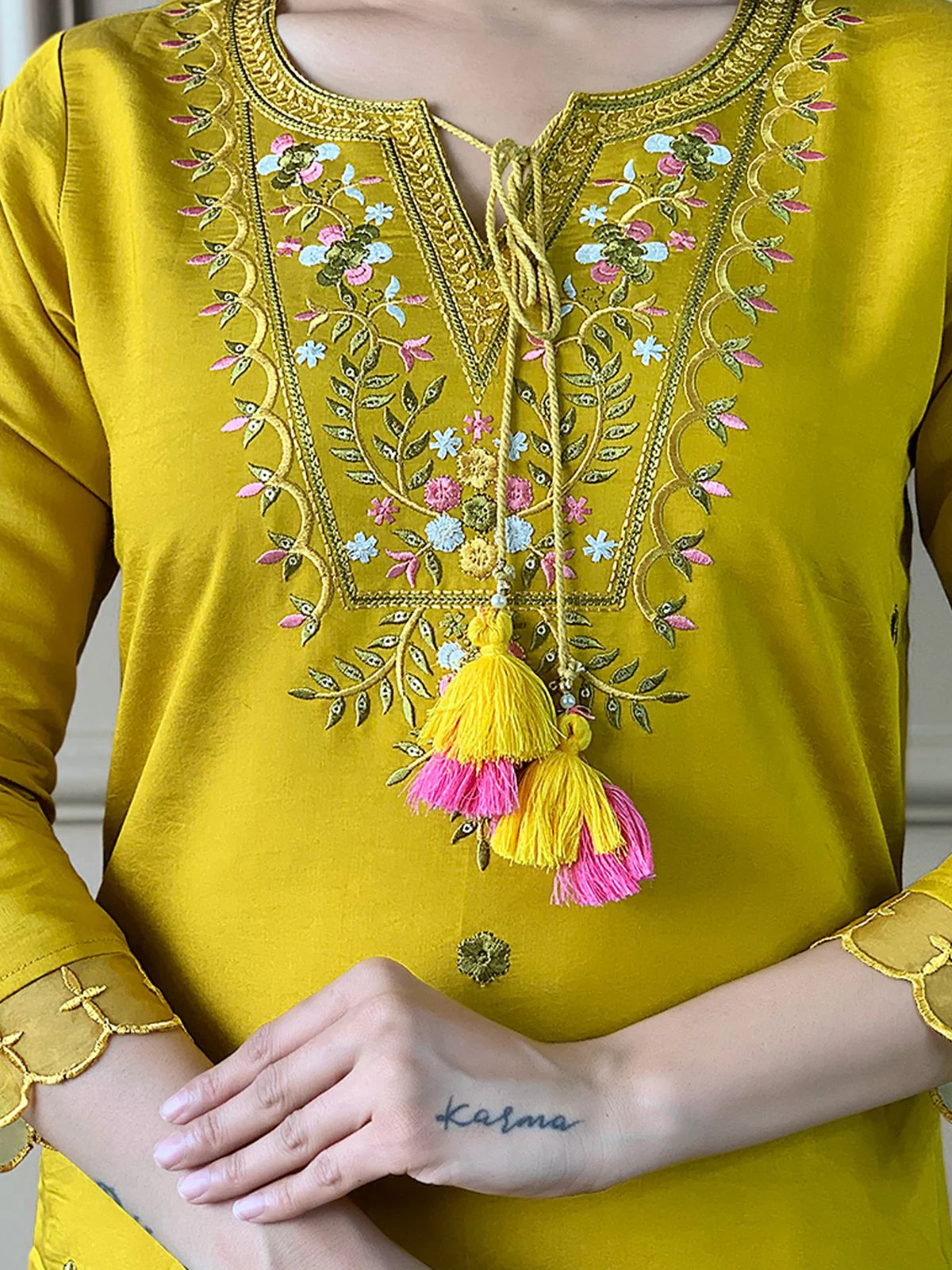 Odette Yellow Embroidered Chanderi Silk Stitched Kurta Salwar Set For Women - Image 6