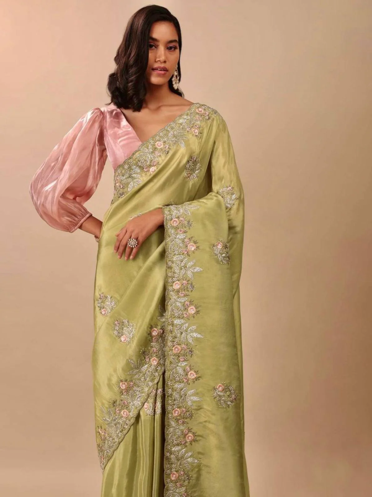 Odette Yellow Embroidered Chinnon Silk Saree With Unstitched Blouse For Women - Image 2