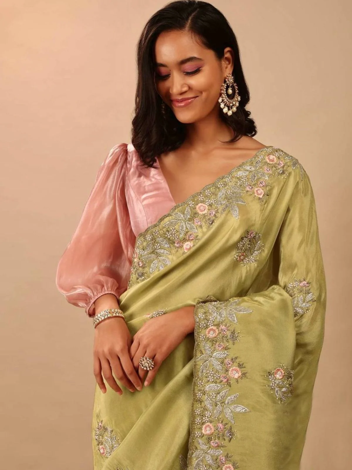 Odette Yellow Embroidered Chinnon Silk Saree With Unstitched Blouse For Women - Image 3