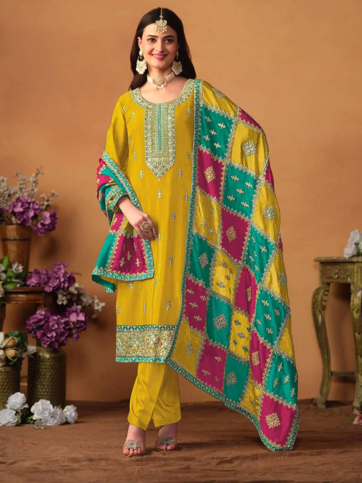 Odette Yellow Embroidered Chinon Silk Unstitched Kurta Set For Women - Image 2