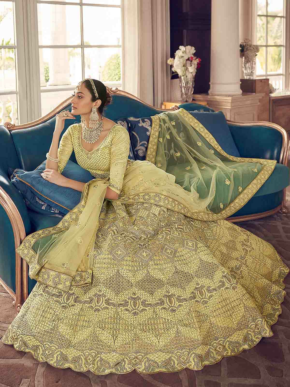 Odette Yellow Embroidered Crepe Semi Stitched Lehenga With Blouse For Women - Image 2