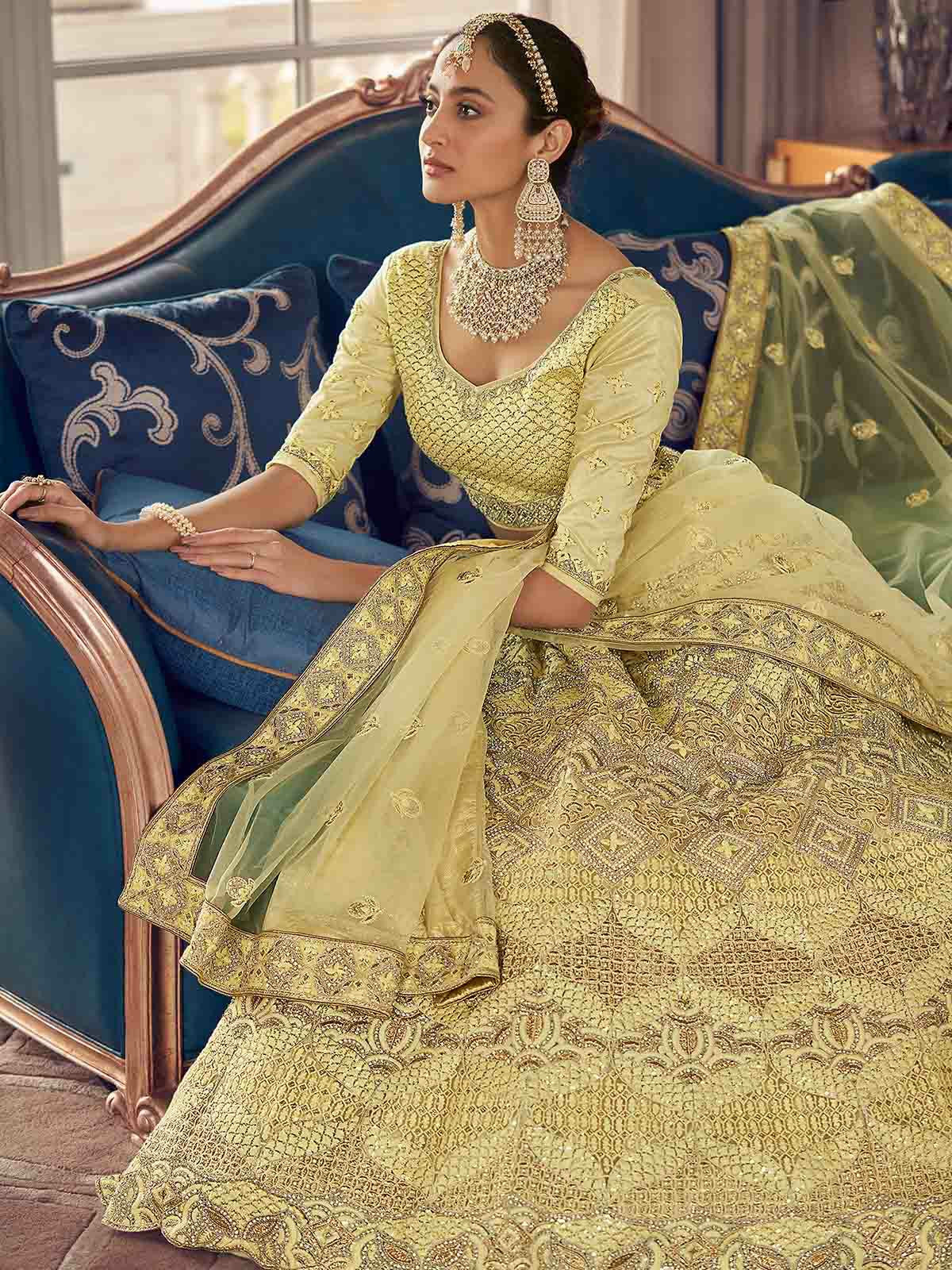 Odette Yellow Embroidered Crepe Semi Stitched Lehenga With Blouse For Women - Image 3