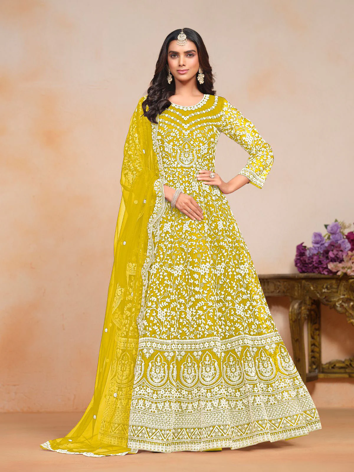 Odette Yellow Embroidered Net Semi Stitched Gown With Dupatta For Women