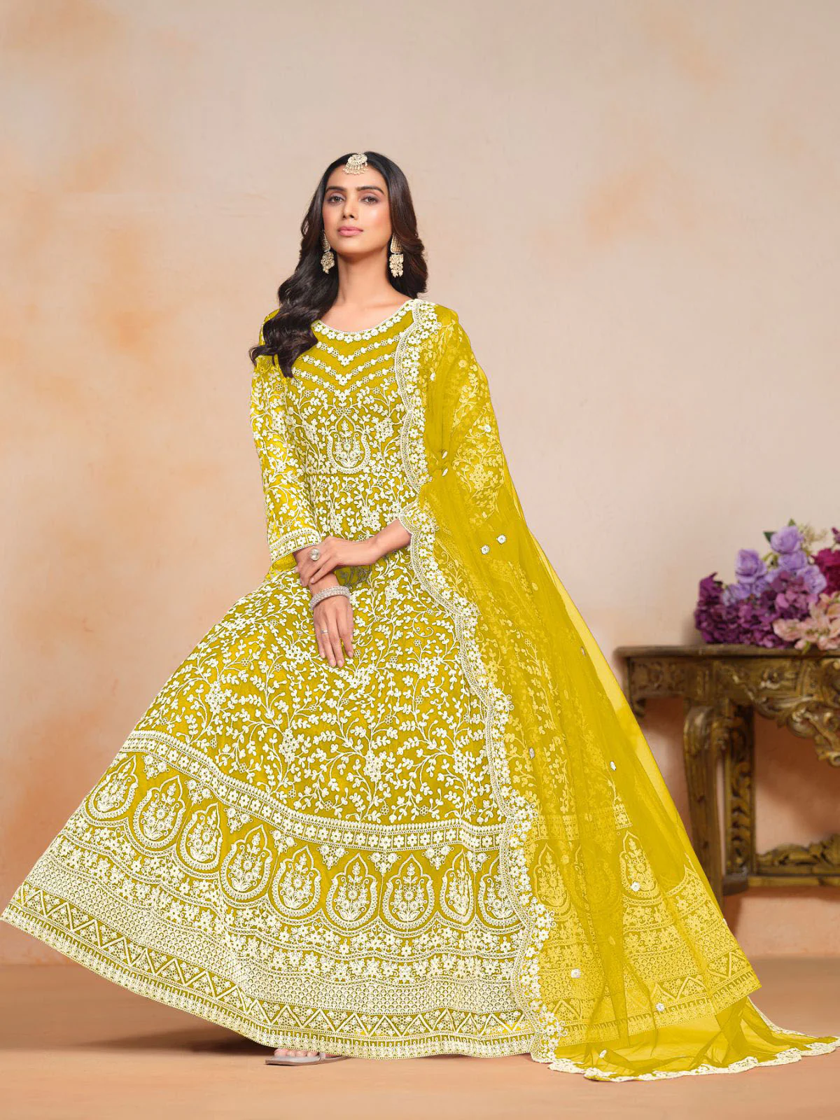 Odette Yellow Embroidered Net Semi Stitched Gown With Dupatta For Women - Image 2