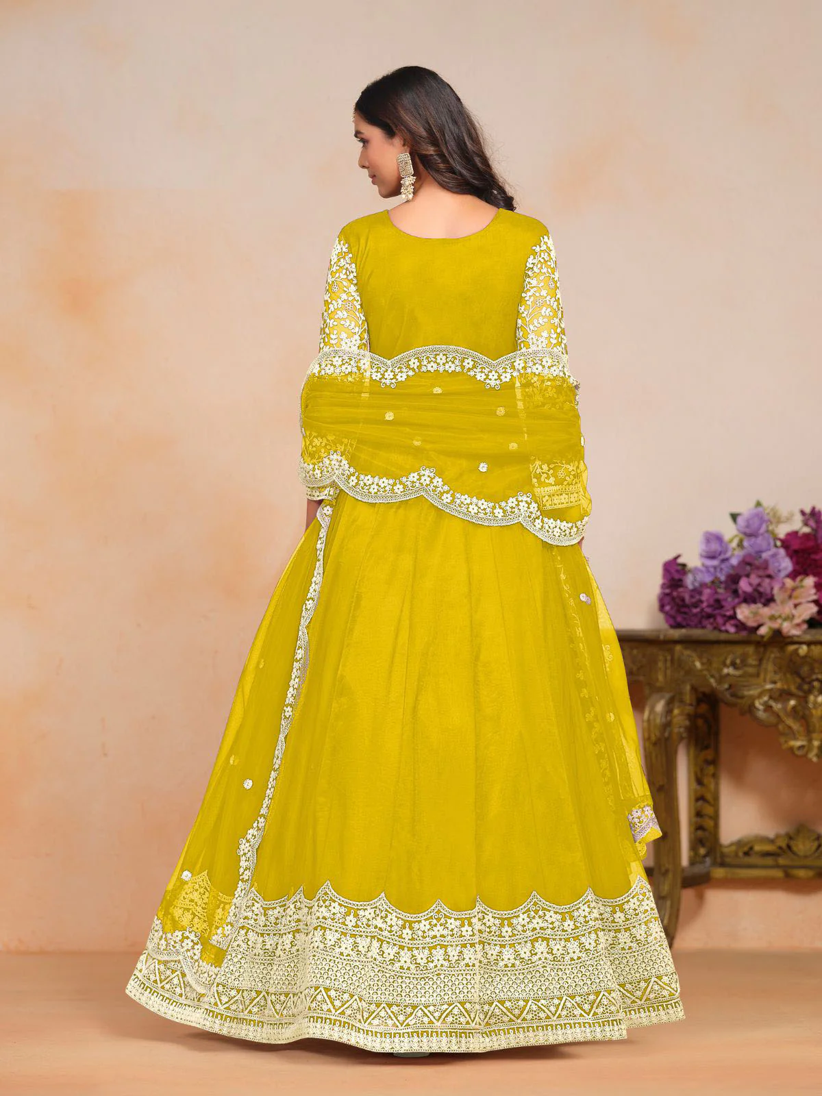 Odette Yellow Embroidered Net Semi Stitched Gown With Dupatta For Women - Image 3