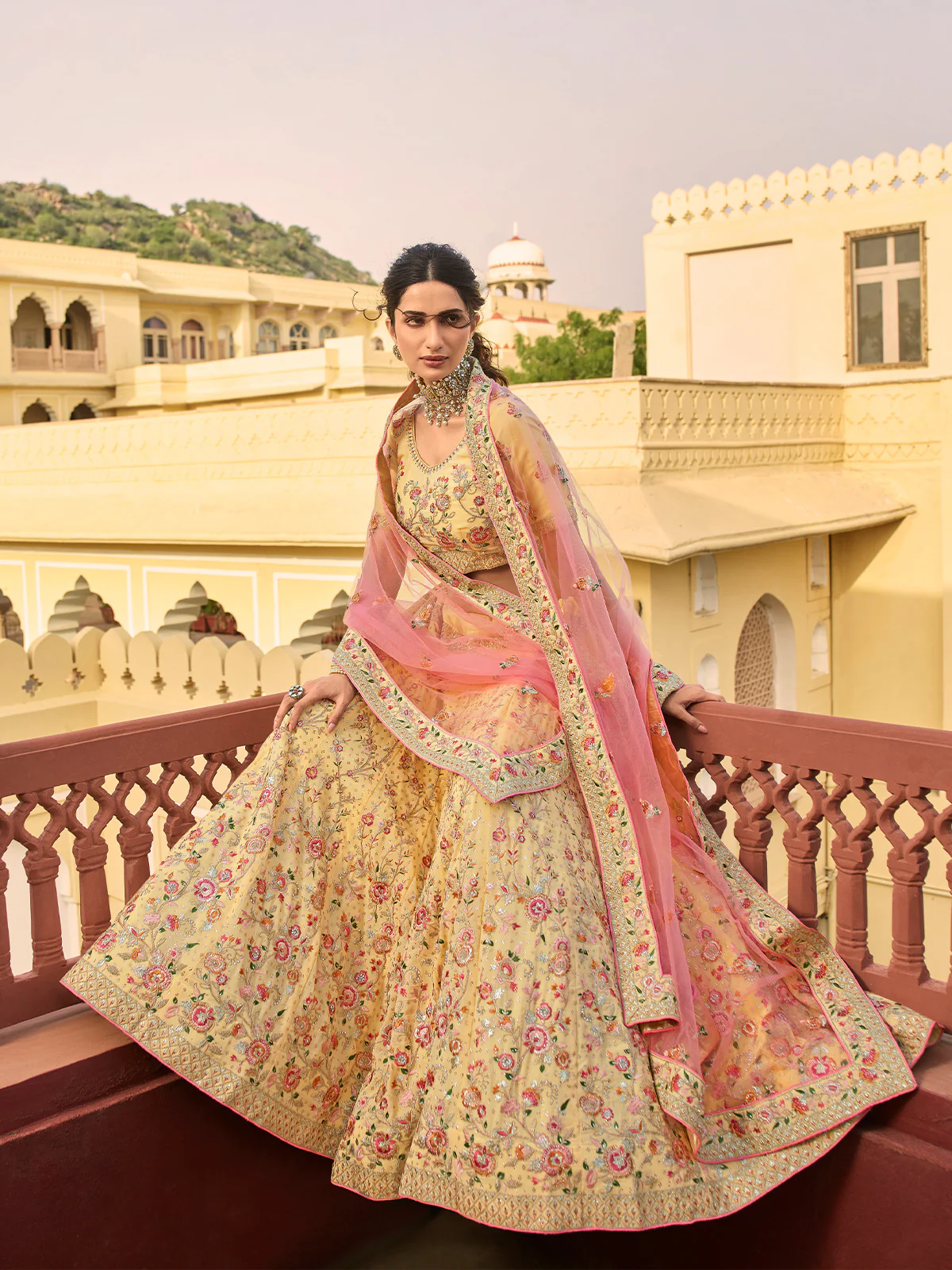 Odette Yellow Embroidered Organza Semi Stitched Lehenga With Blouse For Women - Image 2