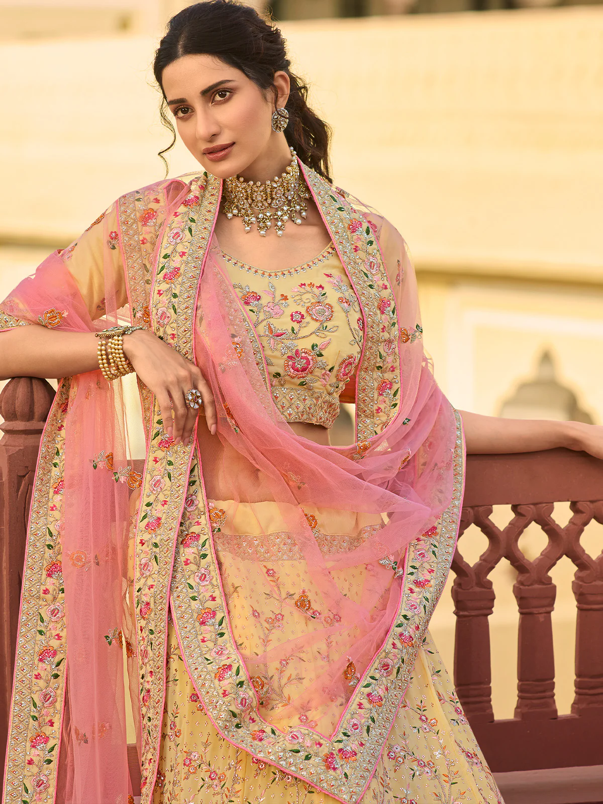 Odette Yellow Embroidered Organza Semi Stitched Lehenga With Blouse For Women - Image 3