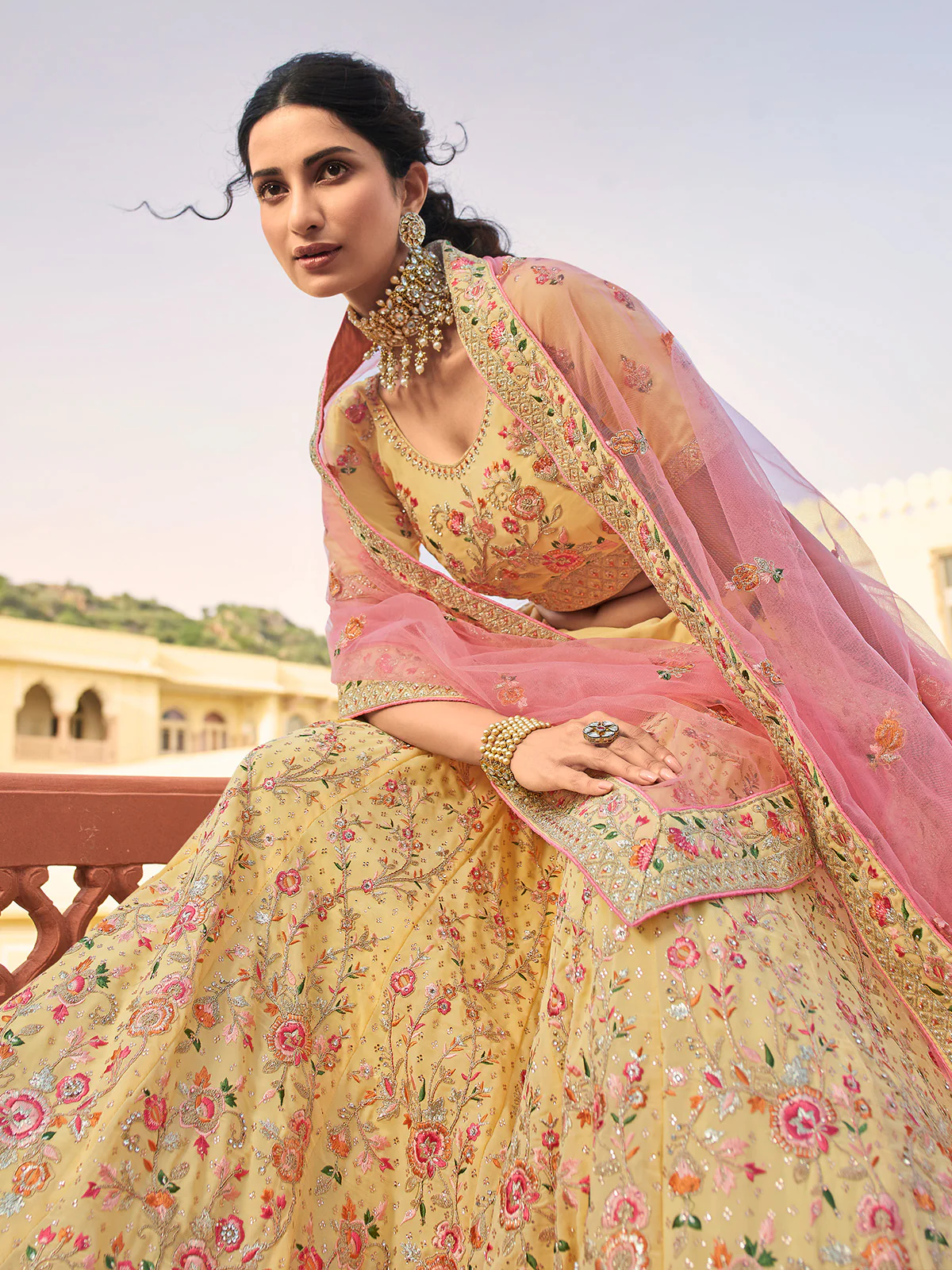 Odette Yellow Embroidered Organza Semi Stitched Lehenga With Blouse For Women - Image 4