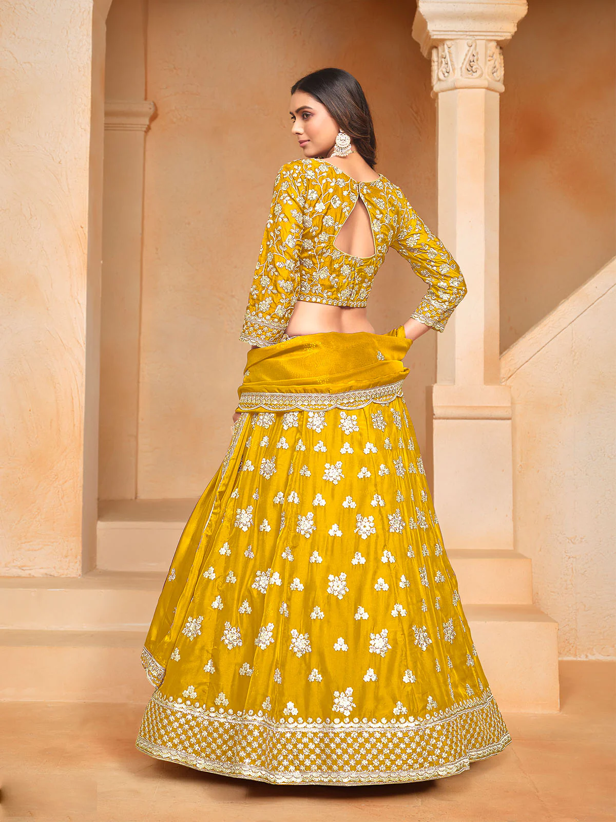 Odette Yellow Embroidered Organza Semi Stitched Lehenga With Unstitched Blouse For Women - Image 4