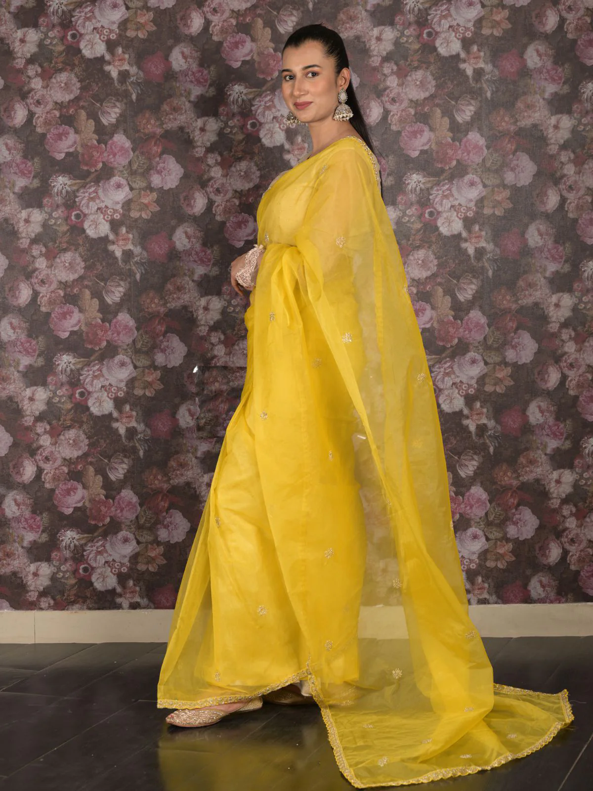 Odette Yellow Embroidered Polyester Saree with Unstitched Blouse for Women - Image 3