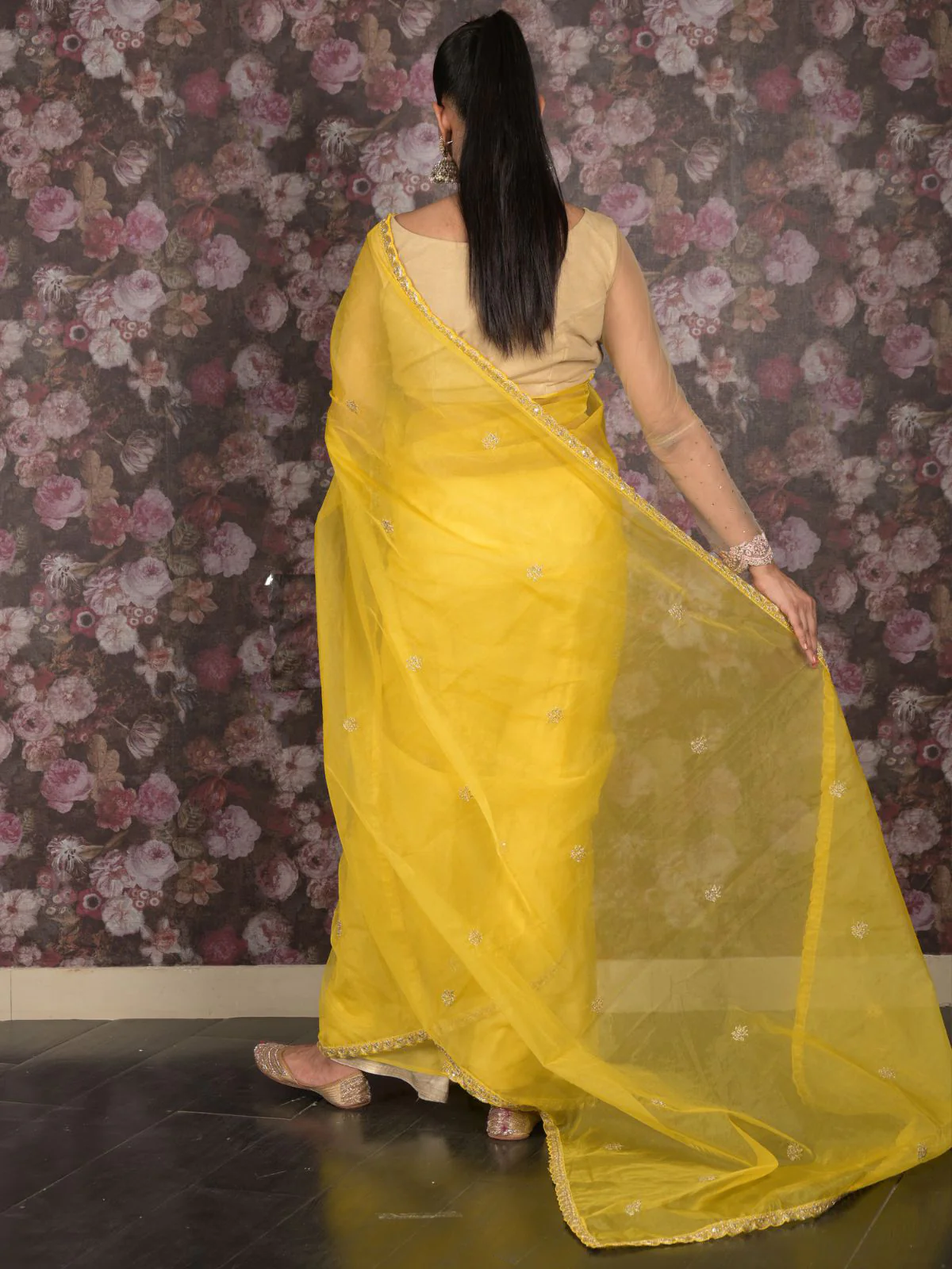 Odette Yellow Embroidered Polyester Saree with Unstitched Blouse for Women - Image 4