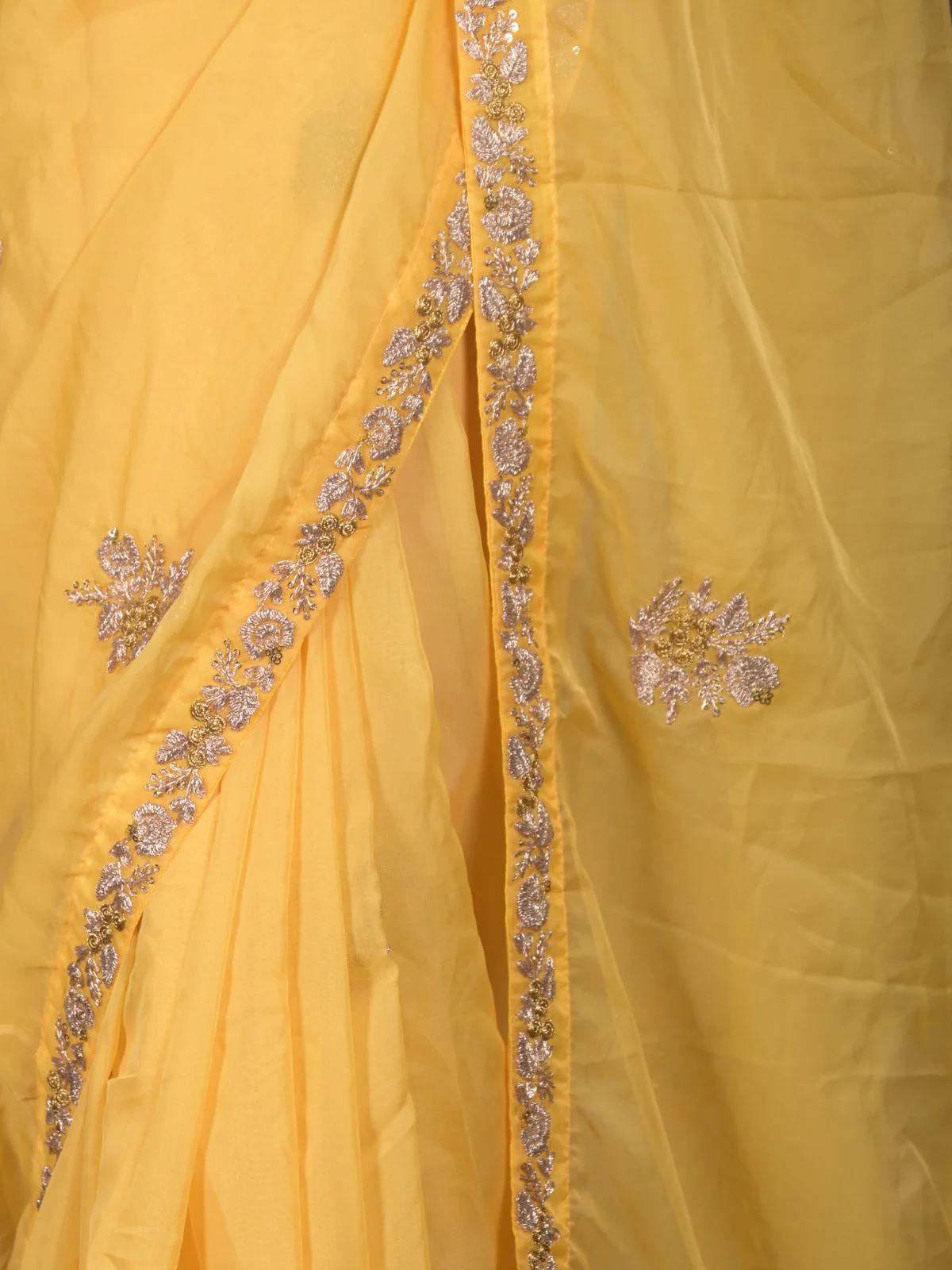 Odette Yellow Embroidered Polyester Saree with Unstitched Blouse for Women - Image 5
