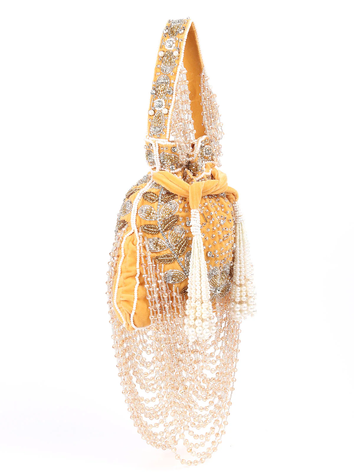 Odette Yellow Embroidered Potli Bag with Tassels For Women - Image 4