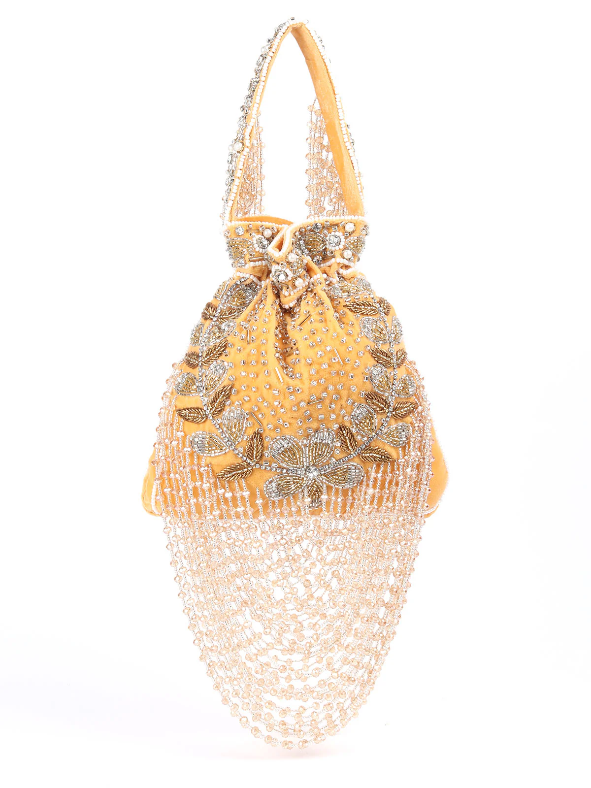 Odette Yellow Embroidered Potli Bag with Tassels For Women - Image 5