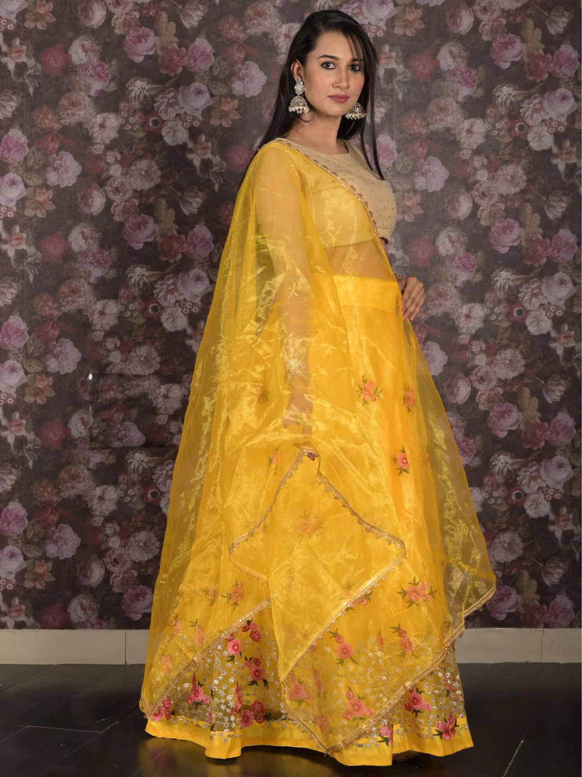 Odette Yellow Embroidered Semi Stitched Georgette Lehenga Set With Dupatta And Unstitched Blouse For Women - Image 3
