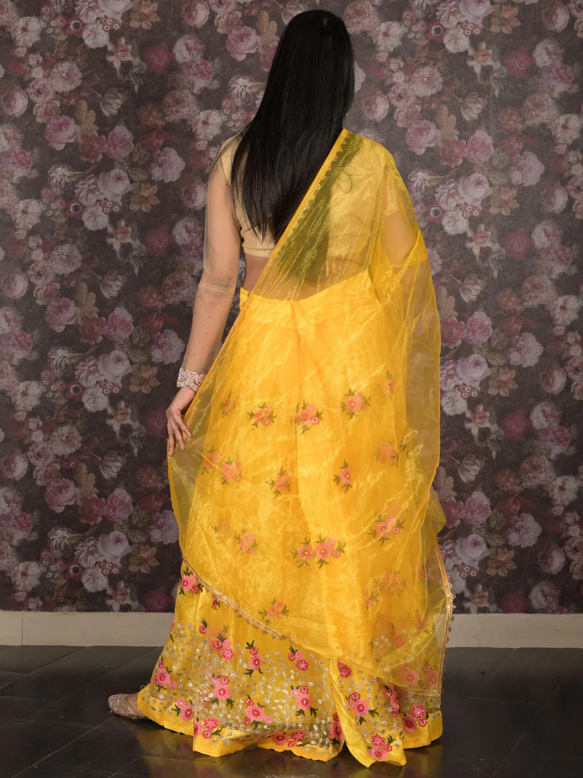 Odette Yellow Embroidered Semi Stitched Georgette Lehenga Set With Dupatta And Unstitched Blouse For Women - Image 4