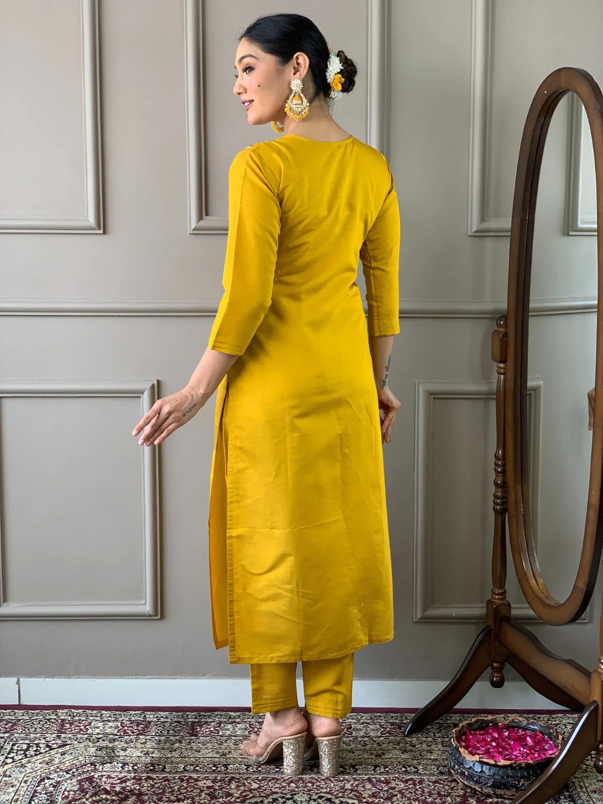 Odette Yellow Embroidered Viscose Silk Stitched Kurta Salwar Set For Women - Image 5