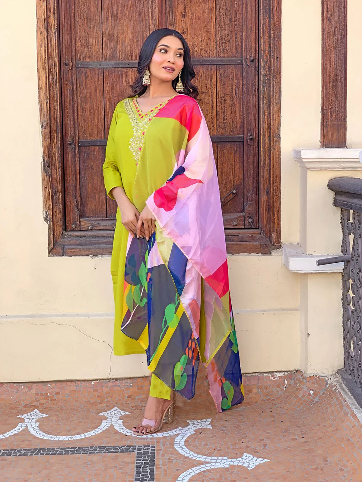 Odette Yellow Embroidered Viscose Silk Stitched Kurta Salwar Set For Women - Image 2