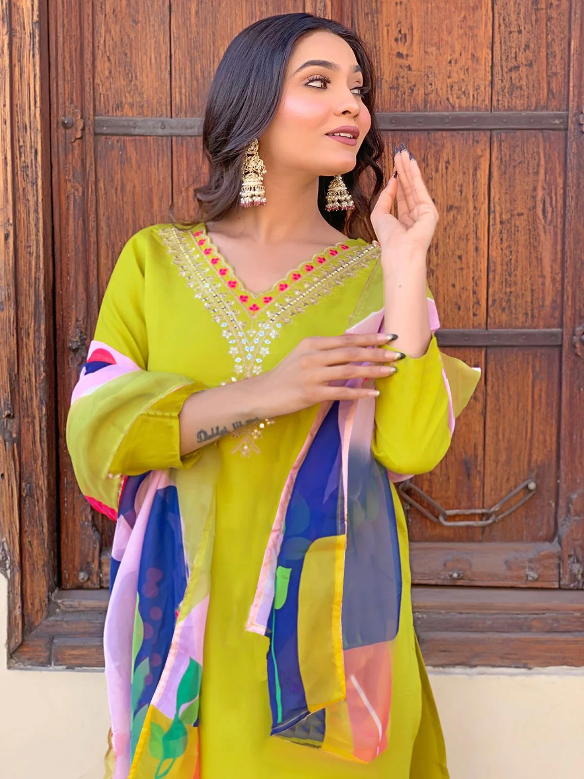 Odette Yellow Embroidered Viscose Silk Stitched Kurta Salwar Set For Women - Image 3