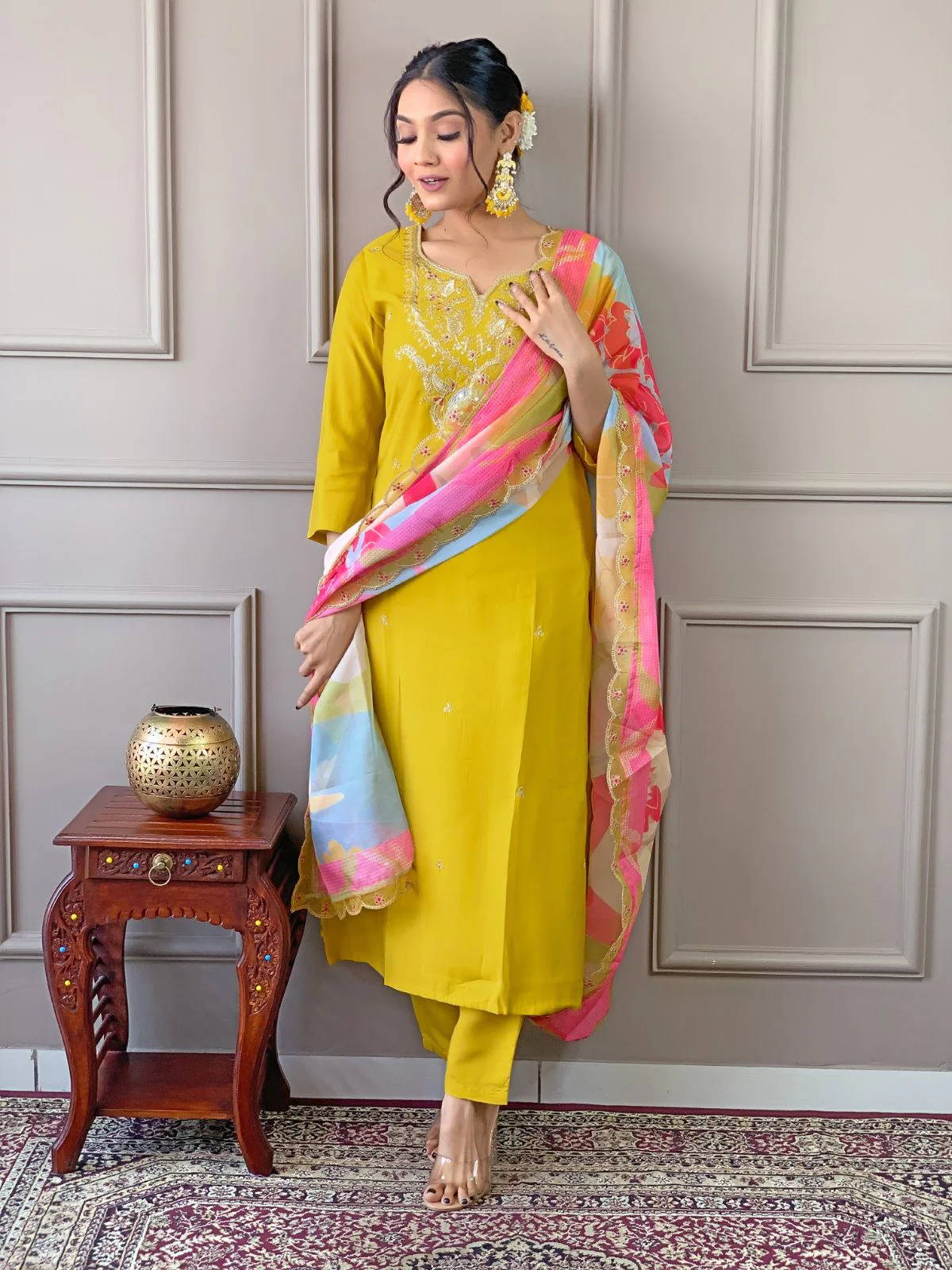 Odette Yellow Embroidered Viscose Silk Stitched Kurta Salwar Set For Women - Image 3
