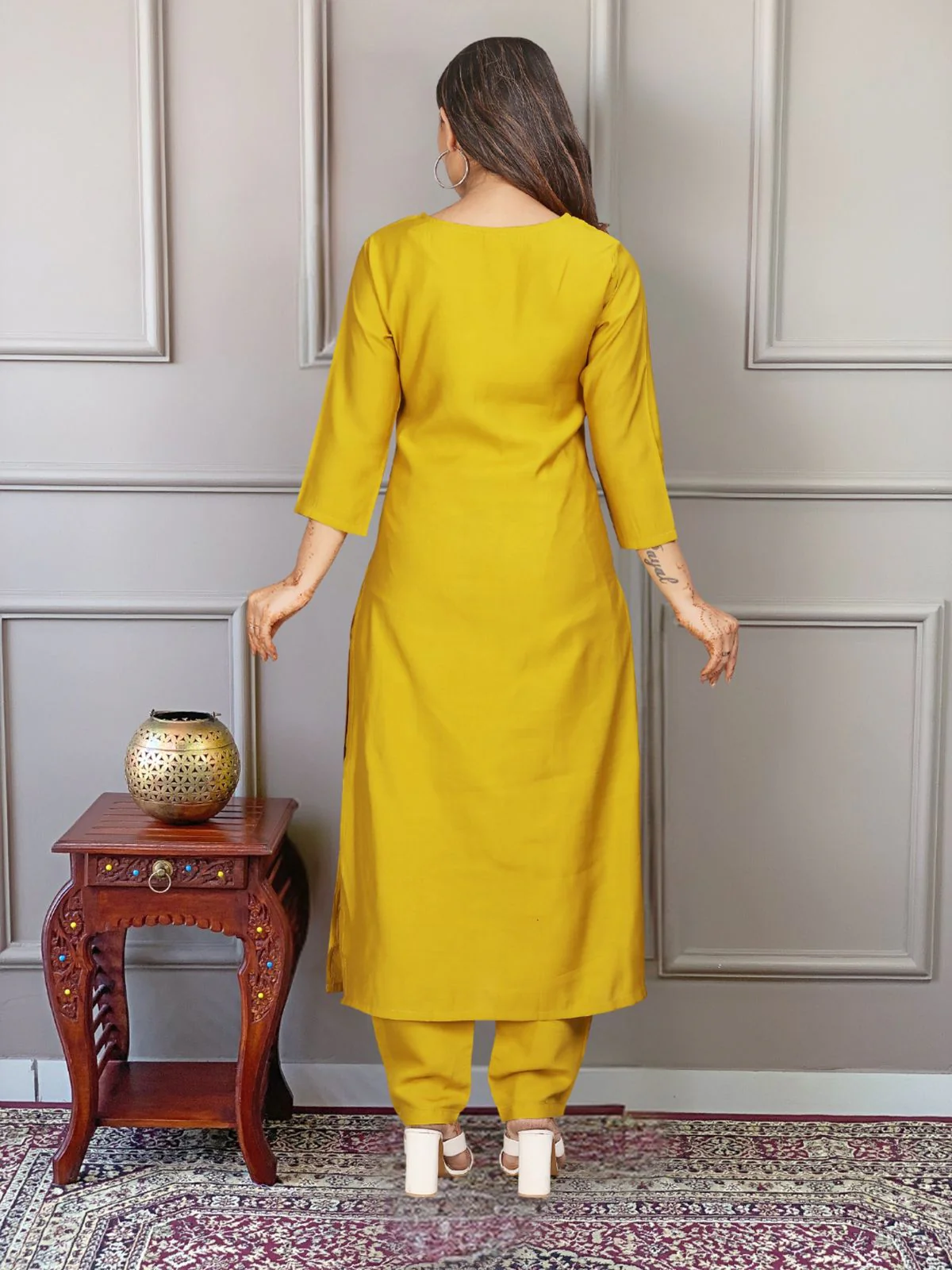Odette Yellow Embroidered Viscose Silk Stitched Kurta Salwar Set For Women - Image 4