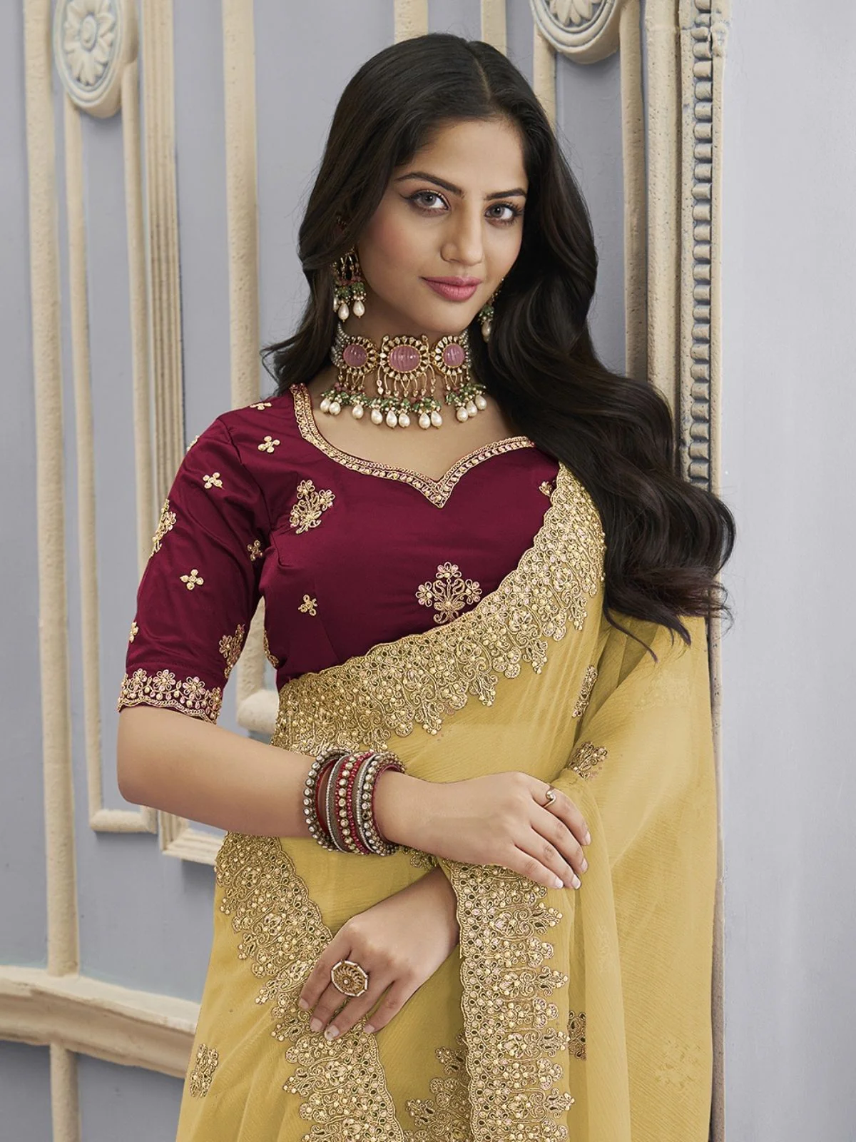 Odette Yellow Georgette Crush Embellished Elegant Saree For Women - Image 2