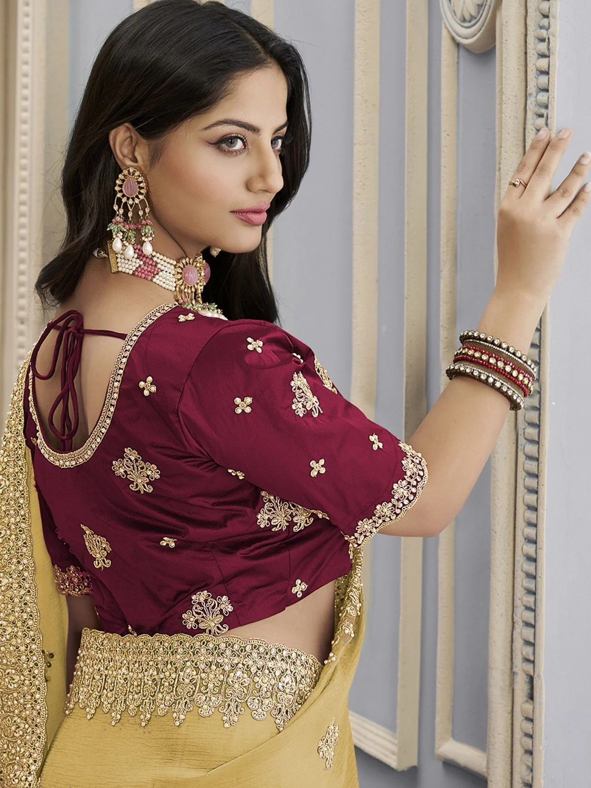 Odette Yellow Georgette Crush Embellished Elegant Saree For Women - Image 3