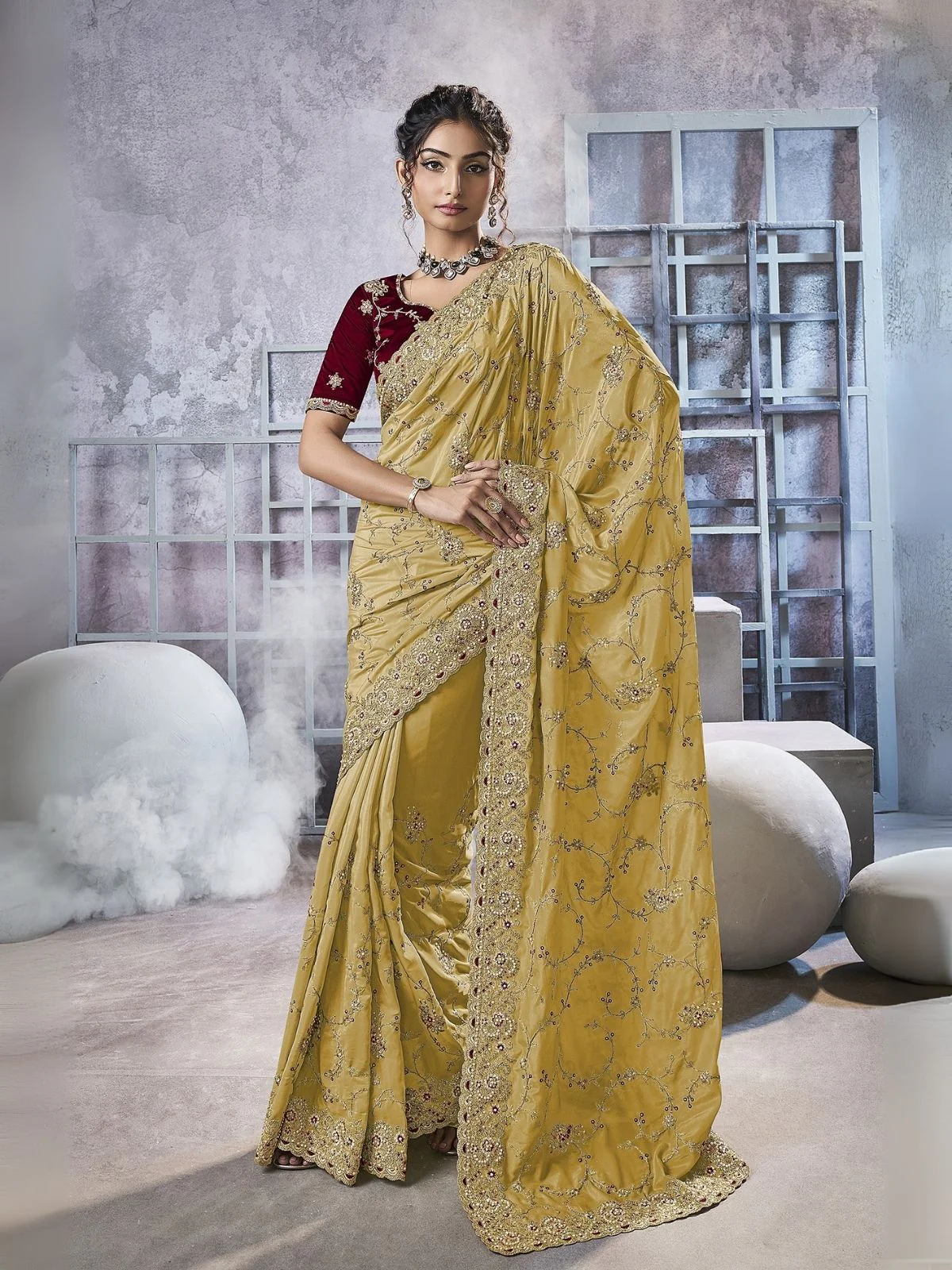 Odette Yellow Georgette Embellished Elegant Saree For Women