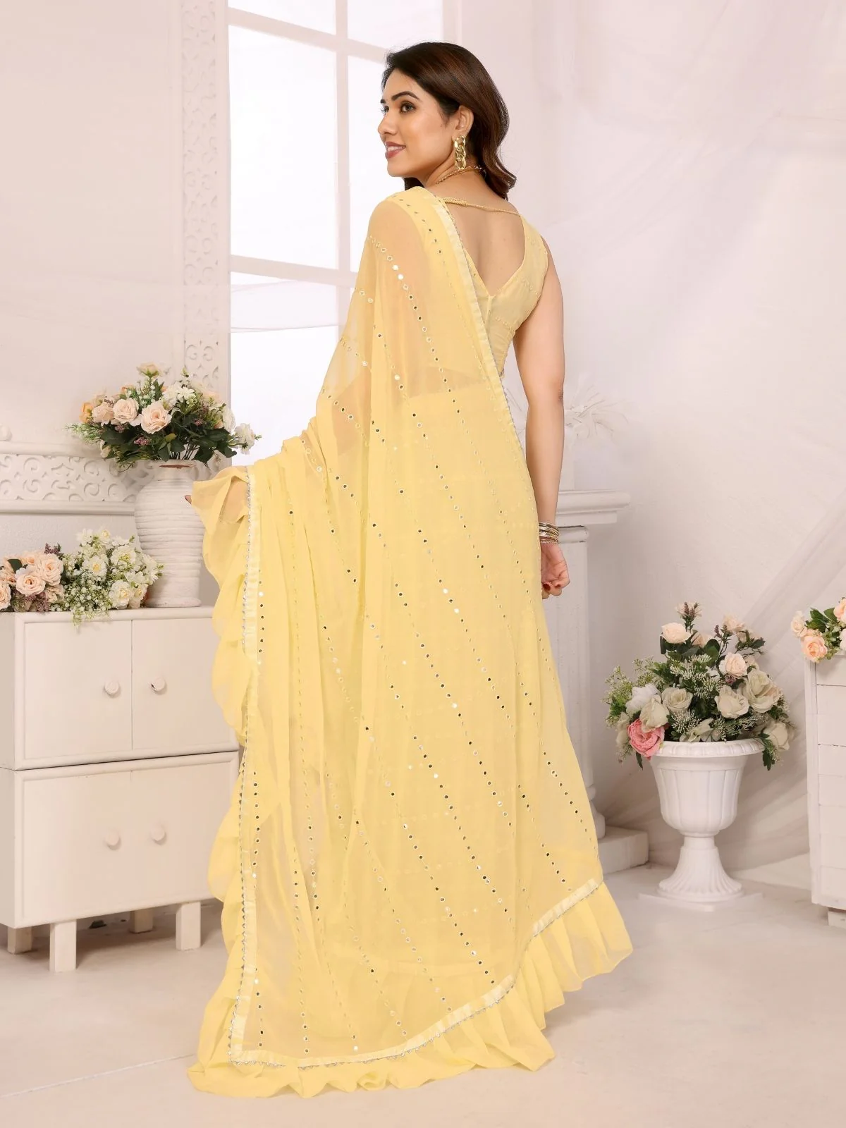 Odette Yellow Georgette Embellished Saree For Women - Image 3
