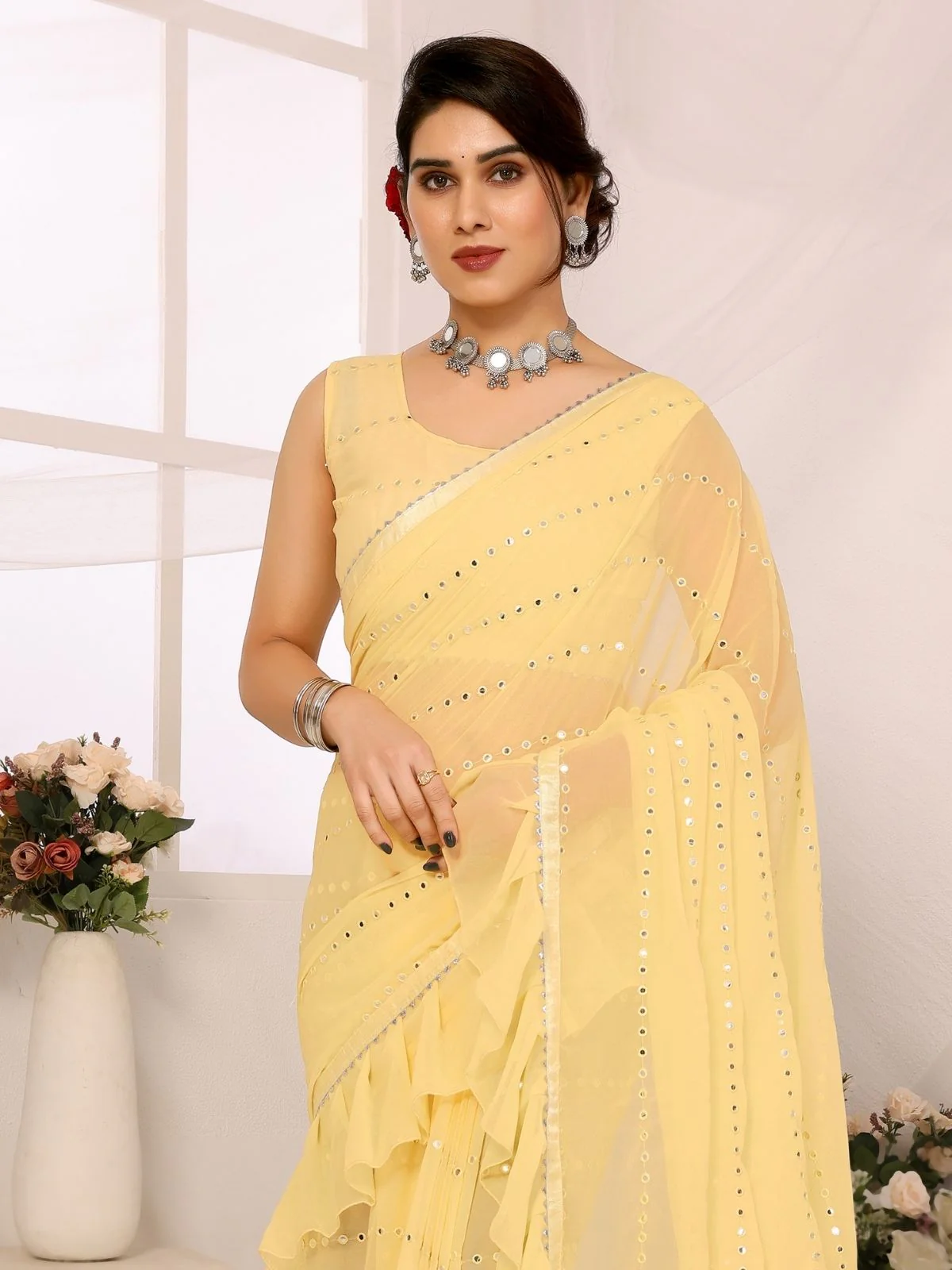 Odette Yellow Georgette Embellished Saree For Women - Image 4