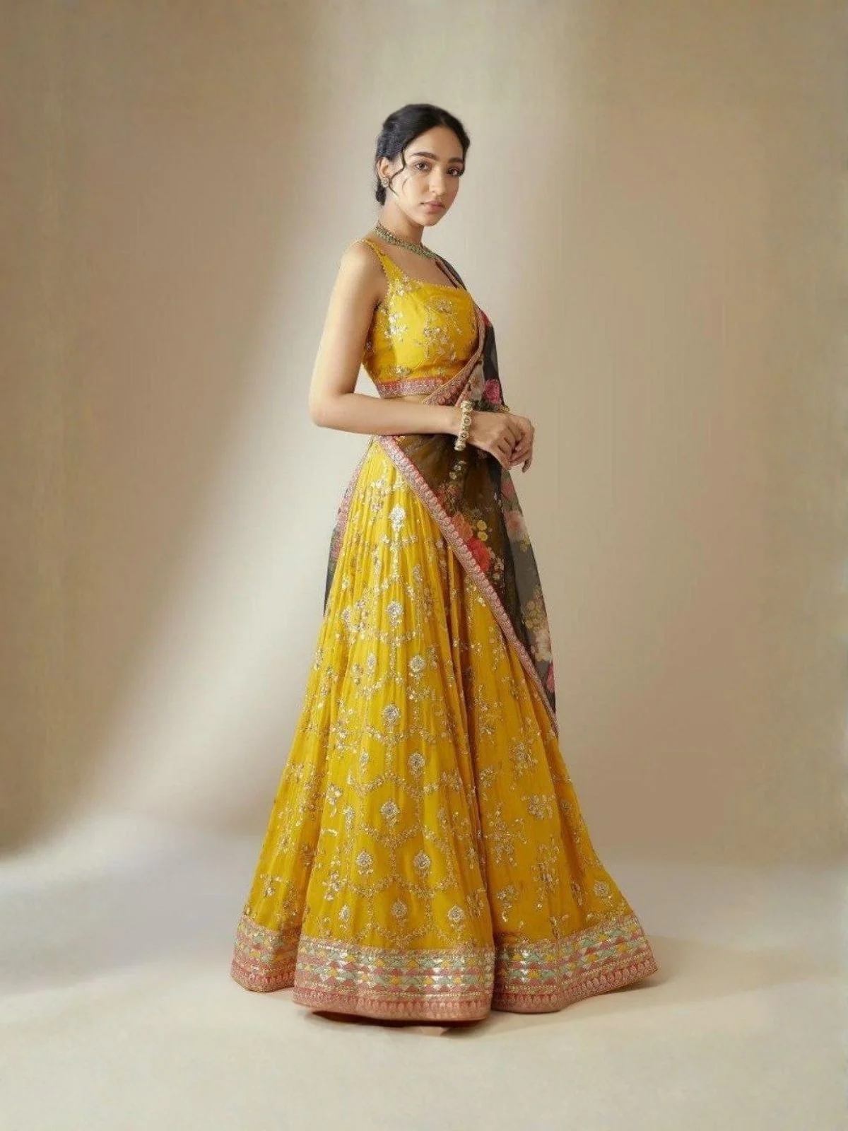 Odette Yellow Georgette Embellished Semi Stitched Lehenga For Women - Image 2