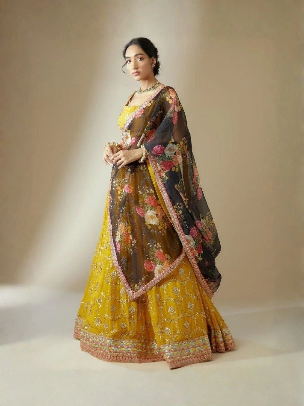 Odette Yellow Georgette Embellished Semi Stitched Lehenga For Women - Image 3