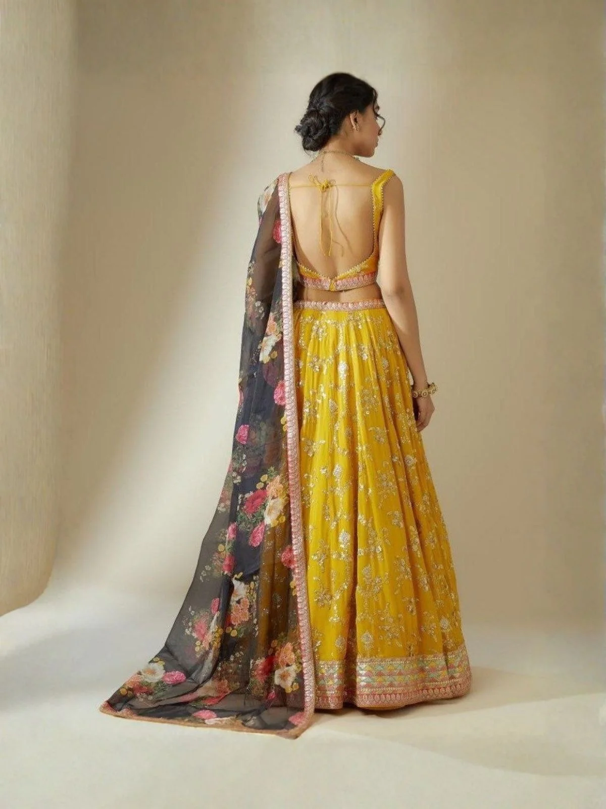 Odette Yellow Georgette Embellished Semi Stitched Lehenga For Women - Image 4