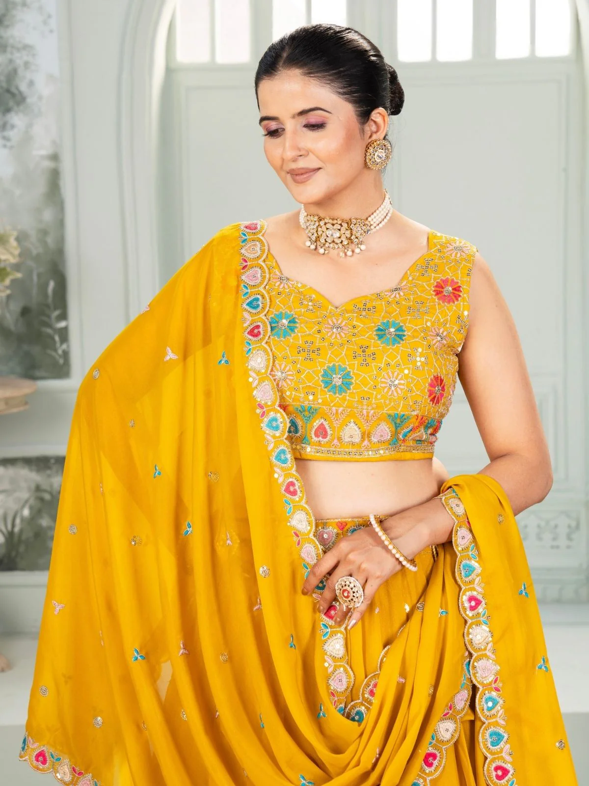 Odette Yellow Georgette Embellished Semi Stitched Lehenga For Women - Image 4