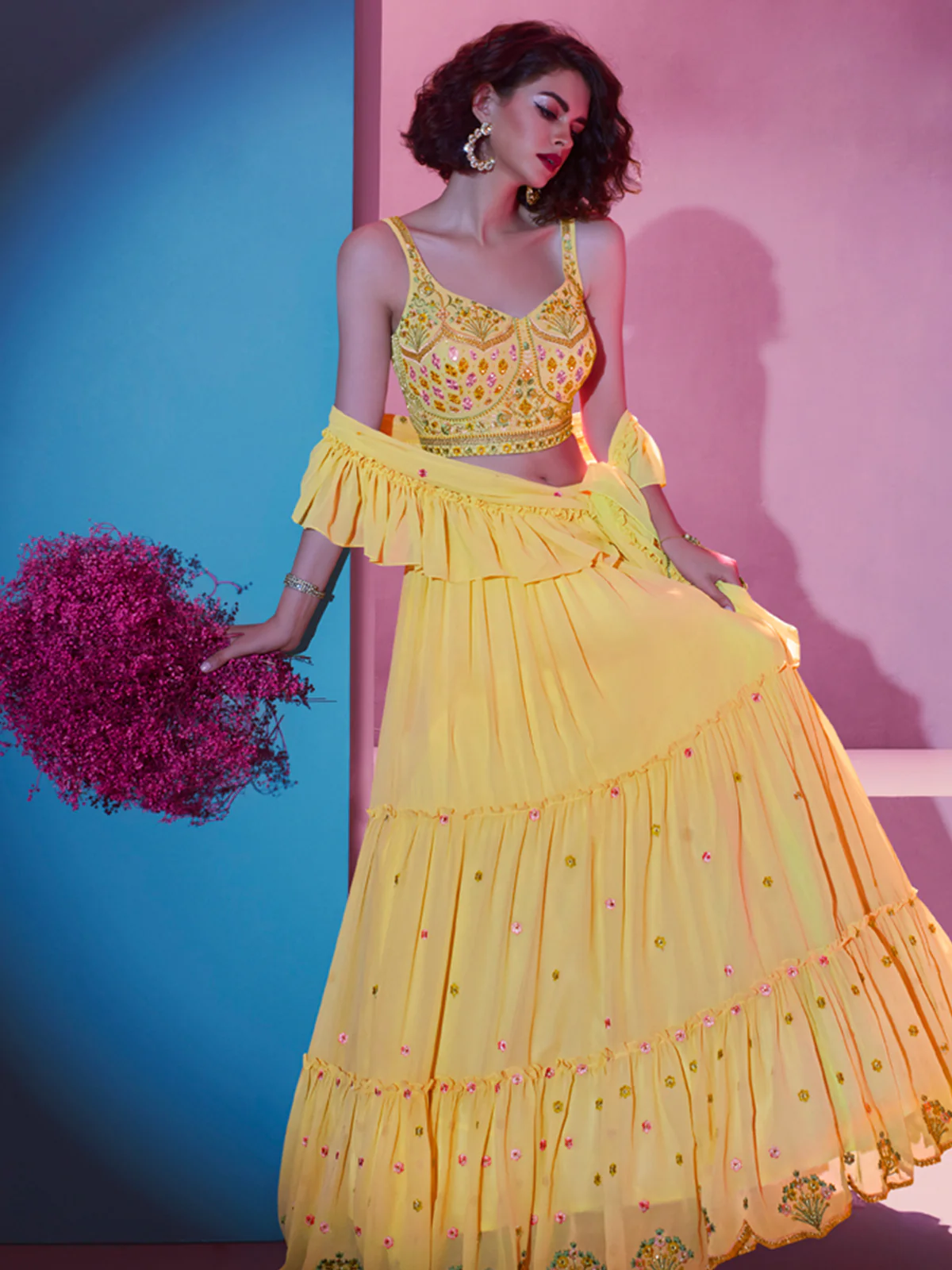 Odette Yellow Georgette Embellished Semi Stitched Lehenga With Unstitched Blouse For Women - Image 2