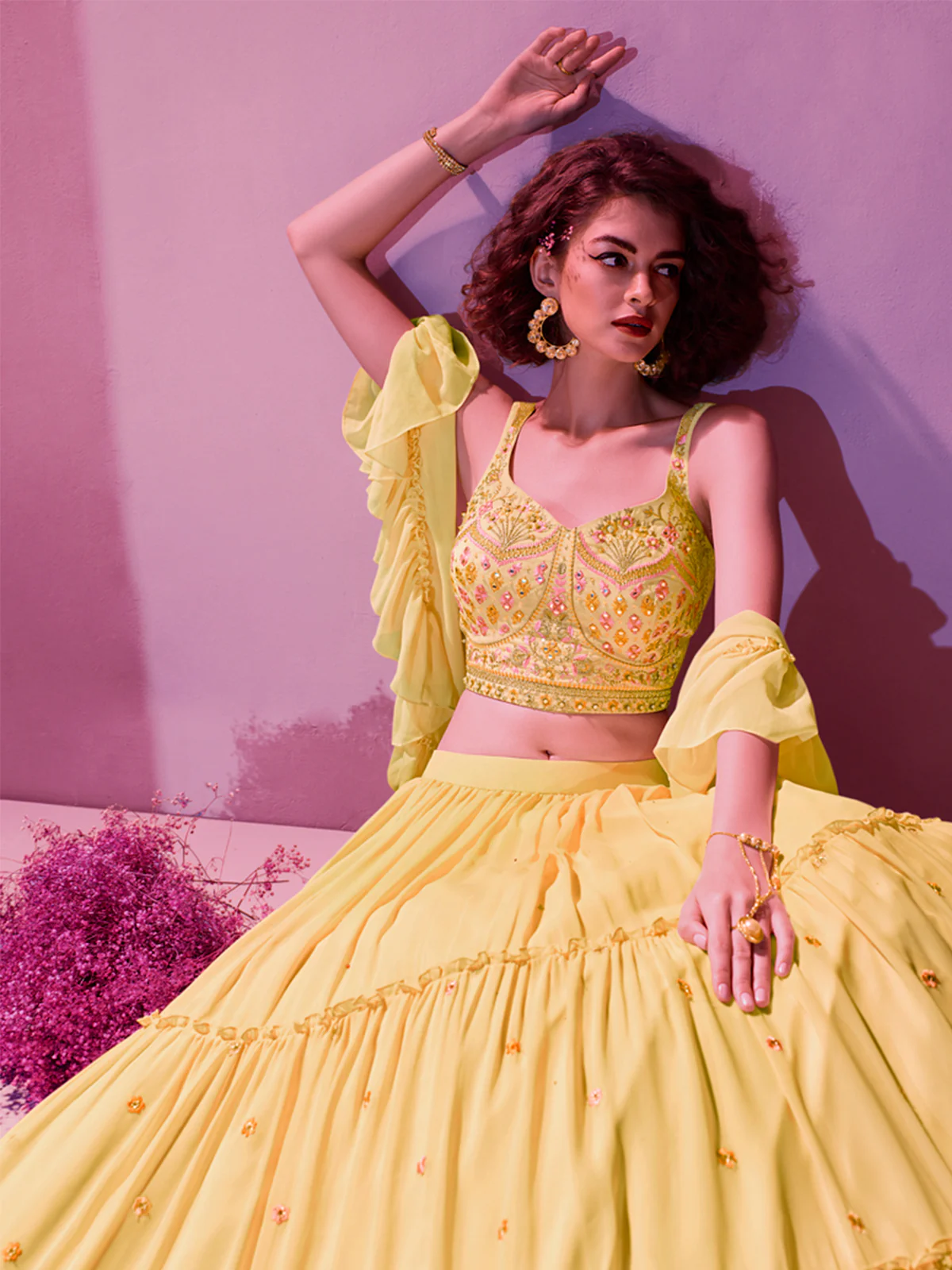 Odette Yellow Georgette Embellished Semi Stitched Lehenga With Unstitched Blouse For Women - Image 3