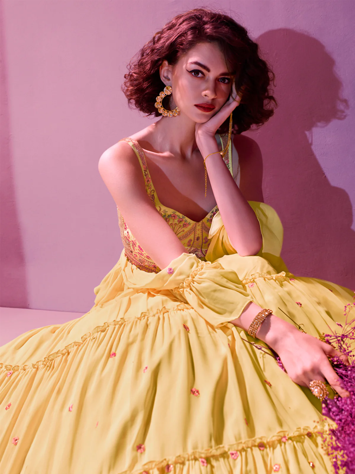 Odette Yellow Georgette Embellished Semi Stitched Lehenga With Unstitched Blouse For Women - Image 4