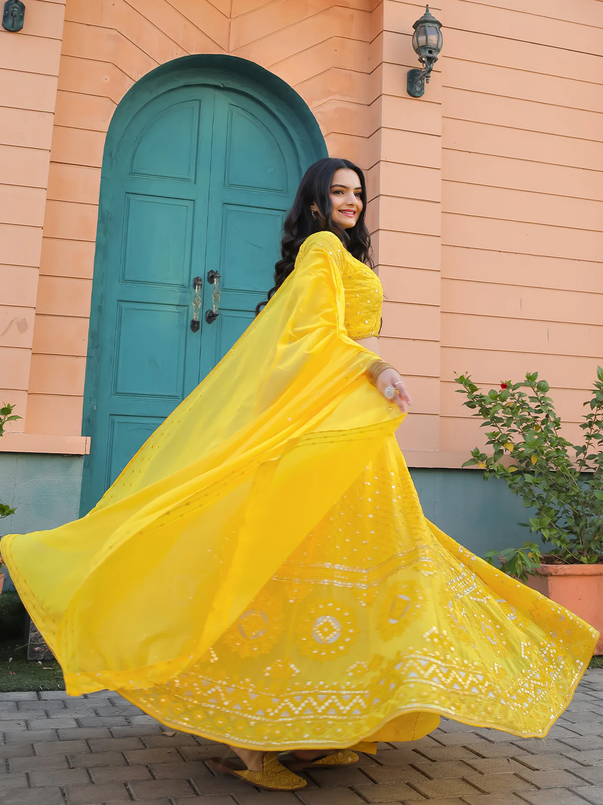 Odette Yellow Georgette Embellished Semi Stitched Lehenga With Unstitched Blouse For Women - Image 2