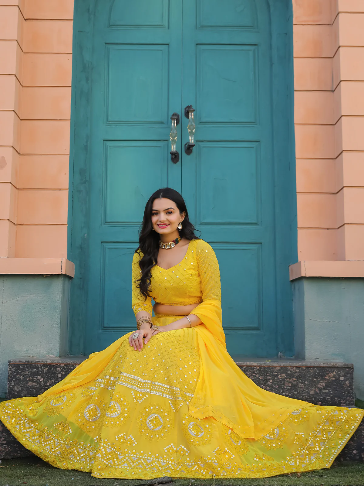 Odette Yellow Georgette Embellished Semi Stitched Lehenga With Unstitched Blouse For Women - Image 3