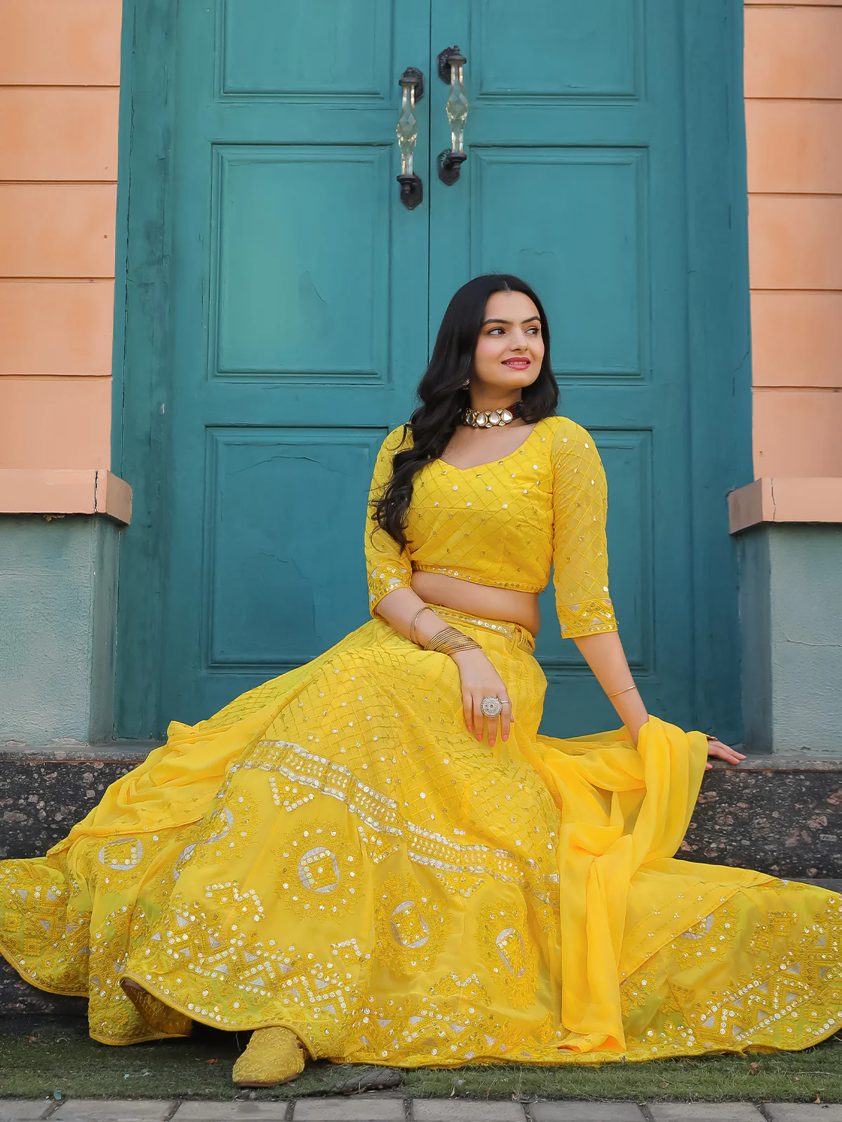 Odette Yellow Georgette Embellished Semi Stitched Lehenga With Unstitched Blouse For Women - Image 4