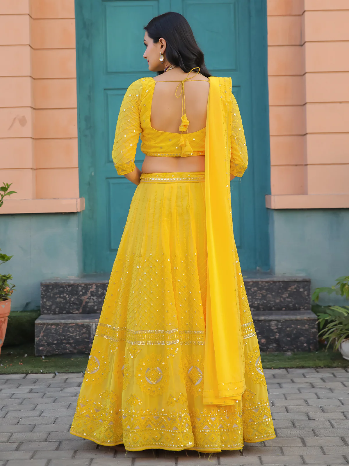 Odette Yellow Georgette Embellished Semi Stitched Lehenga With Unstitched Blouse For Women - Image 6